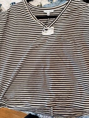 Moussy Black and White Striped V-Neck Tee